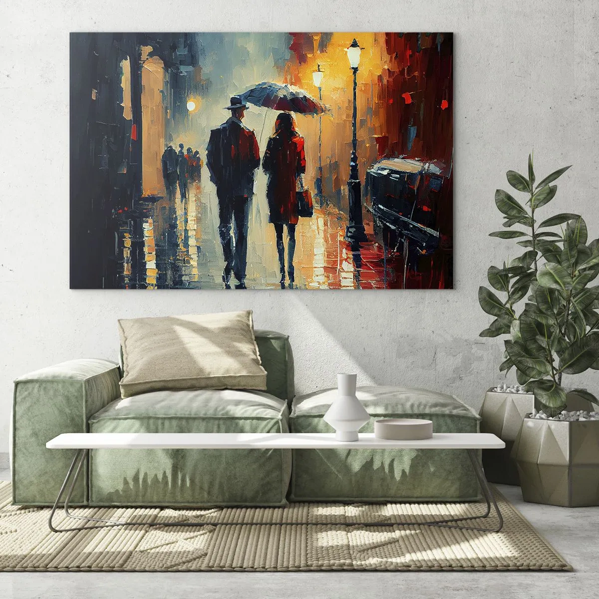 Quadro su vetro - Una coppia cammina di notte con un ombrello lungo una strada bagnata. - 70x50cm - Love story cittadina - Decorazione murale moderna per soggiorno e camera da letto ARTTOR