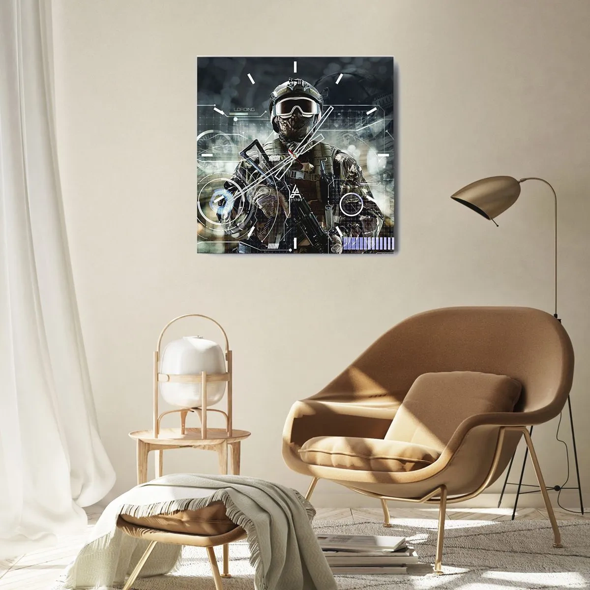 Orologio da parete - Orologio in Vetro - Un soldato con un casco futuristico e una pistola sullo sfondo della tecnologia. - 30x30cm - Potenza al quadrato - Decorazione murale moderna per soggiorno e camera da letto ARTTOR