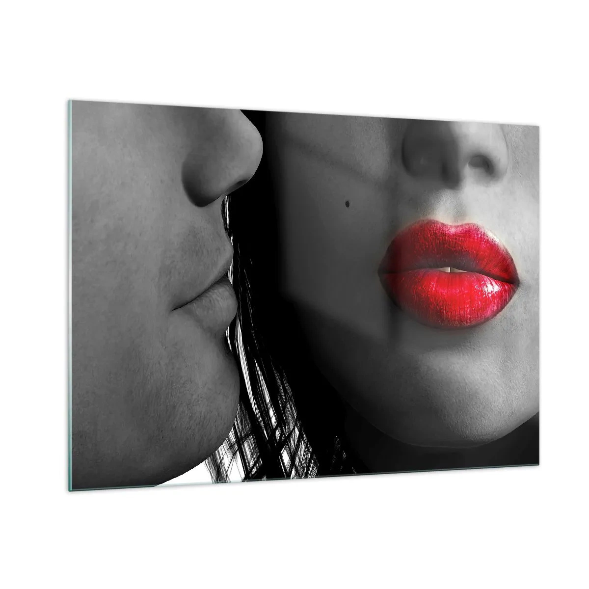 Quadro su vetro - Labbra sensuali in uno scatto contrastante - 100x70cm - Volto accanto al volto  - Decorazione murale moderna per soggiorno e camera da letto ARTTOR