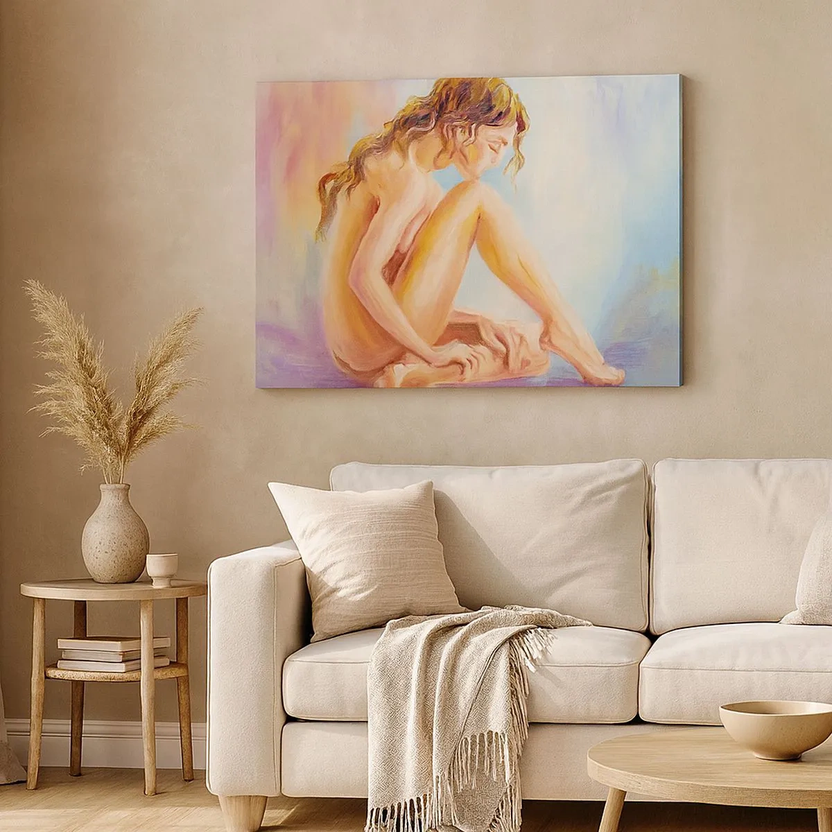 Quadro su tela - Stampe su Tela - Una delicata figura di donna su uno sfondo pastello - 70x50cm - Nudo di giovane - Decorazione murale moderna per soggiorno e camera da letto ARTTOR