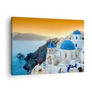 Quadro su tela - Stampe su Tela - Vista di Santorini con edifici bianchi e mare blu - 70x50cm - Santorini: aggrappate alle rocce - Decorazione murale moderna per soggiorno e camera da letto ARTTOR