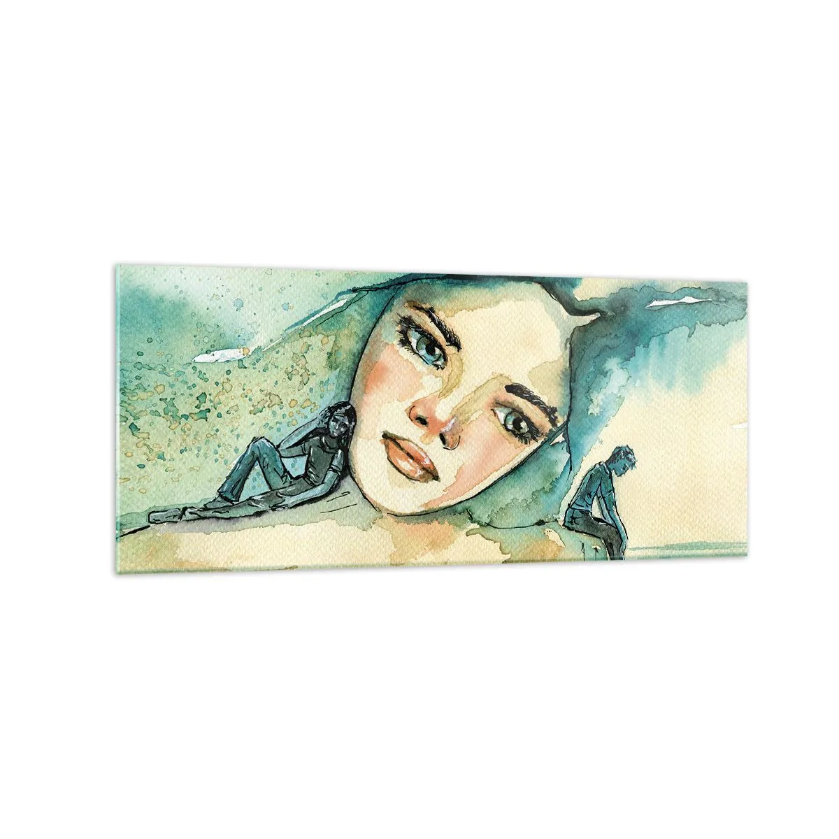 Quadro su vetro - Acquerello del volto di una donna con motivo riflettente - 120x50cm - Am I blue? - Decorazione murale moderna per soggiorno e camera da letto ARTTOR