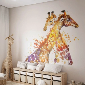 Fotomurali Premium Sand - Giraffe acquerellate su sfondo bianco in stile artistico - 100x70cm - È amicizia o amore? - Decorazione murale moderna per soggiorno e camera da letto ARTTOR