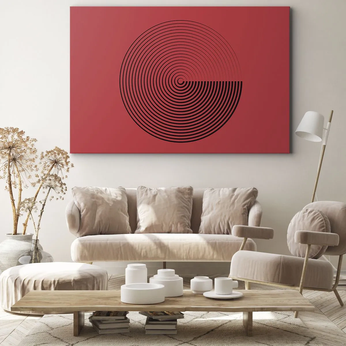 Quadro su tela - Stampe su Tela - Cerchi concentrici su sfondo rosso - 70x50cm - Movimento circolare - Decorazione murale moderna per soggiorno e camera da letto ARTTOR