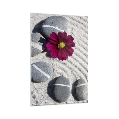 Quadro su vetro - Pietre e un fiore rosa sulla sabbia in stile zen - 70x100cm - Energia e pace nel cerchio magico della natura - Decorazione murale moderna per soggiorno e camera da letto ARTTOR