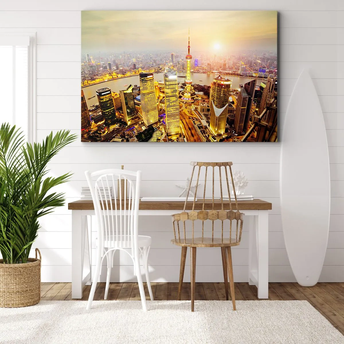 Quadro su tela - Stampe su Tela - Panorama della città con grattacieli al tramonto - 100x70cm - Sogno asiatico - Decorazione murale moderna per soggiorno e camera da letto ARTTOR