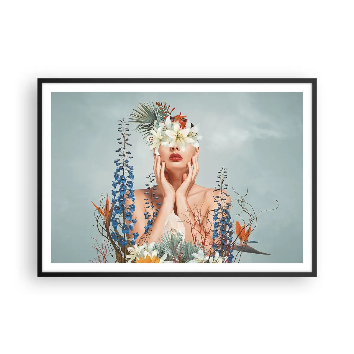 Poster in cornice nera - Ritratto di donna con motivo floreale su sfondo blu - 100x70cm - Donna - fiore - Decorazione murale moderna per soggiorno e camera da letto ARTTOR