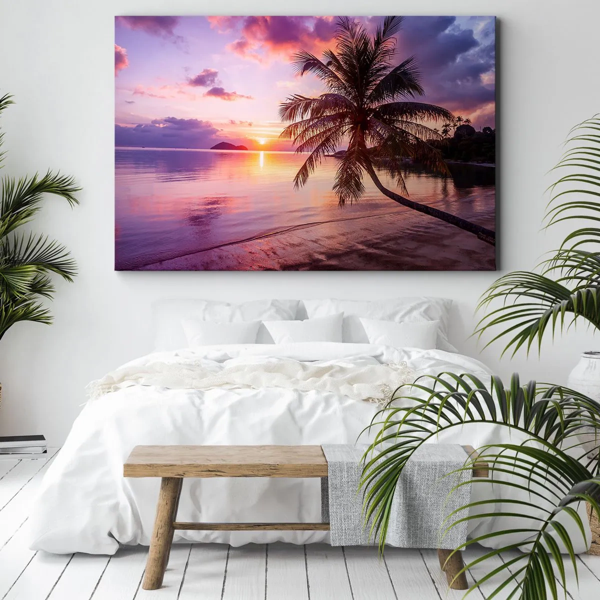 Quadro su tela - Stampe su Tela - Spiaggia tropicale con palme al tramonto - 70x50cm - Beatitudine a perdita d'occhio - Decorazione murale moderna per soggiorno e camera da letto ARTTOR