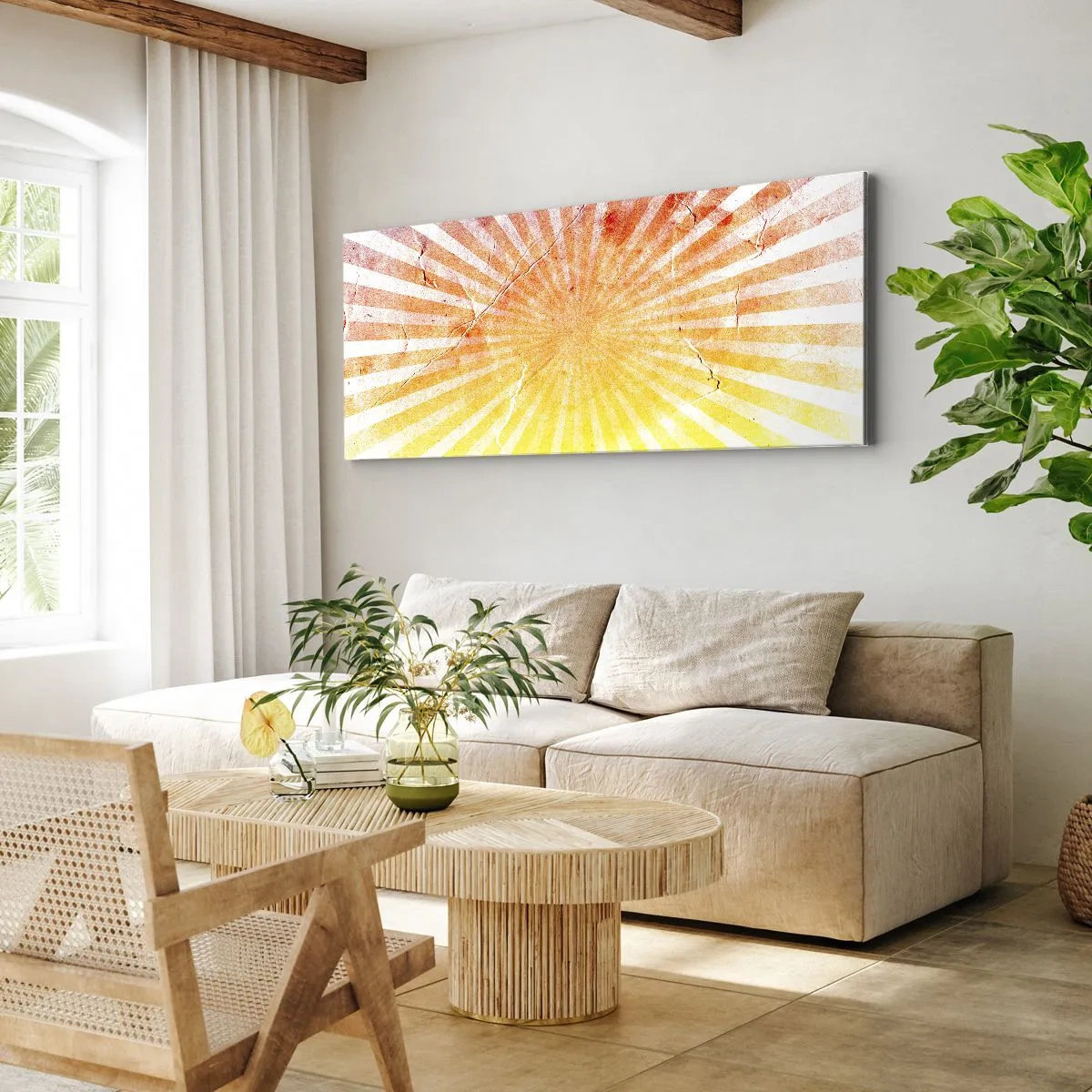 Quadro su tela - Stampe su Tela - Raggi di sole nelle tonalità dell'arancione e del giallo - 140x50cm - Albe e tramonti - Decorazione murale moderna per soggiorno e camera da letto ARTTOR