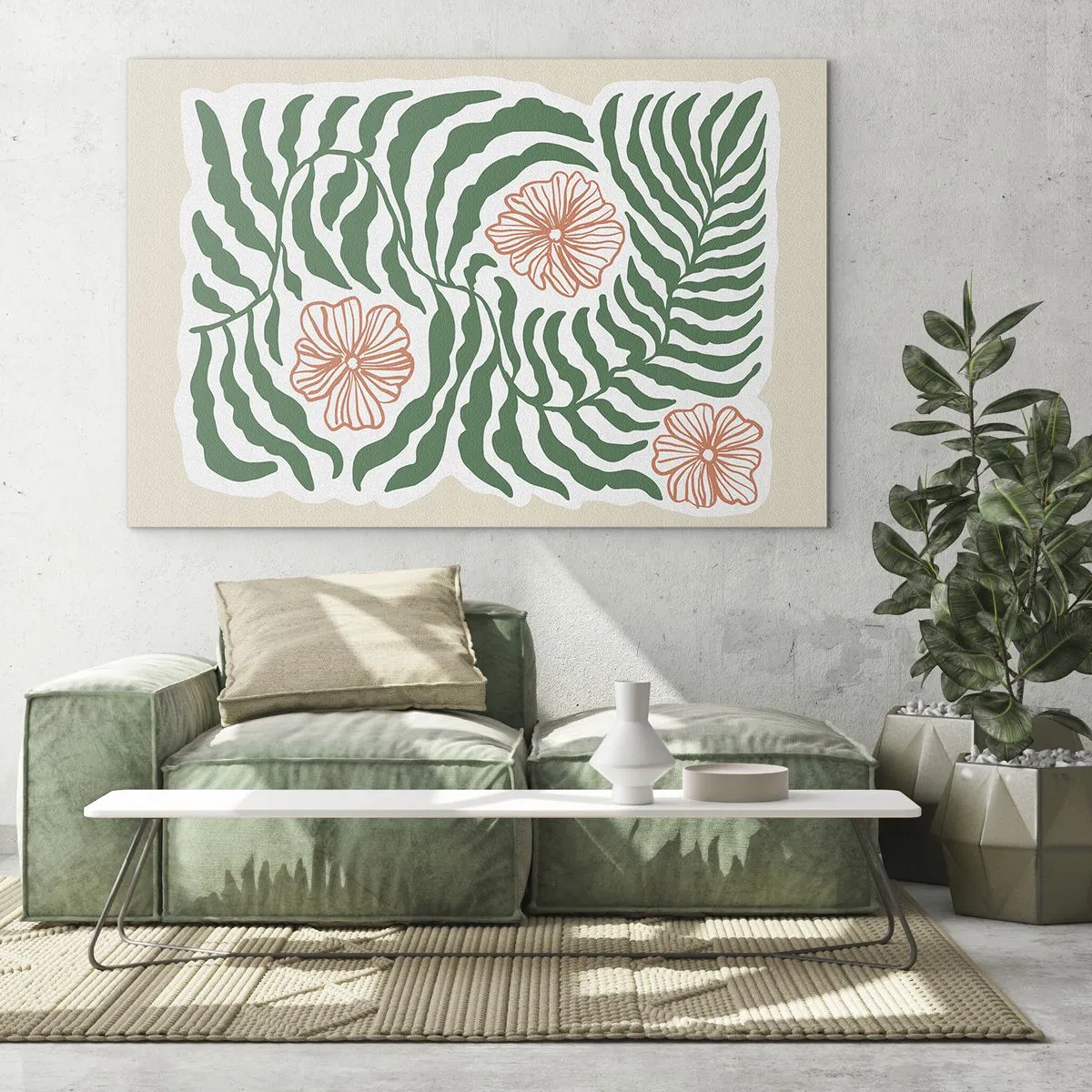 Quadro su vetro - Foglie verdi e fiori rossi in una disposizione grafica - 120x80cm - Fioritura nel verde - Decorazione murale moderna per soggiorno e camera da letto ARTTOR