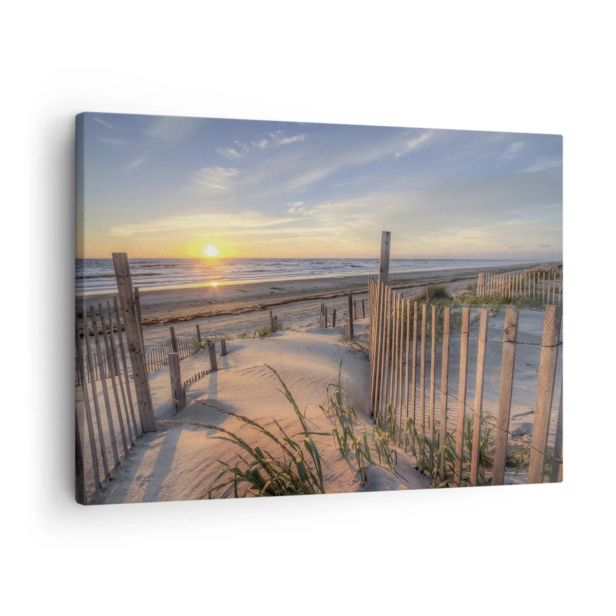 Quadro su tela - Stampe su Tela - Spiaggia al tramonto con recinzione in legno - 70x50cm - Luci e ombre del vento - Decorazione murale moderna per soggiorno e camera da letto ARTTOR