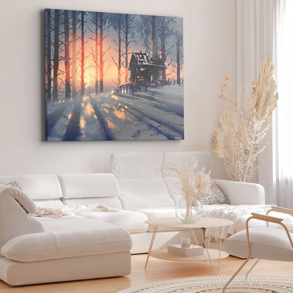 Quadro su tela - Stampe su Tela - Una casetta nel bosco in un paesaggio invernale con i raggi del sole al tramonto - 70x50cm - Qui solamente il sole osserva - Decorazione murale moderna per soggiorno e camera da letto ARTTOR
