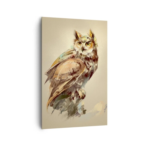 Quadro su tela - Stampe su Tela - Ritratto artistico di un gufo su uno sfondo chiaro dalle tonalità calde. - 80x120cm - Il gufo più saggio - il querceto lo conferma - Decorazione murale moderna per soggiorno e camera da letto ARTTOR