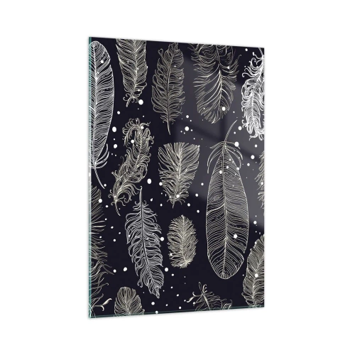 Quadro su vetro - Piume bianche su sfondo nero con dettagli sottili - 50x70cm - Pizzo piumato - Decorazione murale moderna per soggiorno e camera da letto ARTTOR