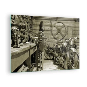 Quadro su vetro - Un laboratorio con attrezzi antichi e una vecchia motocicletta - 70x50cm - Nel capanno di zio Alfredo - Decorazione murale moderna per soggiorno e camera da letto ARTTOR