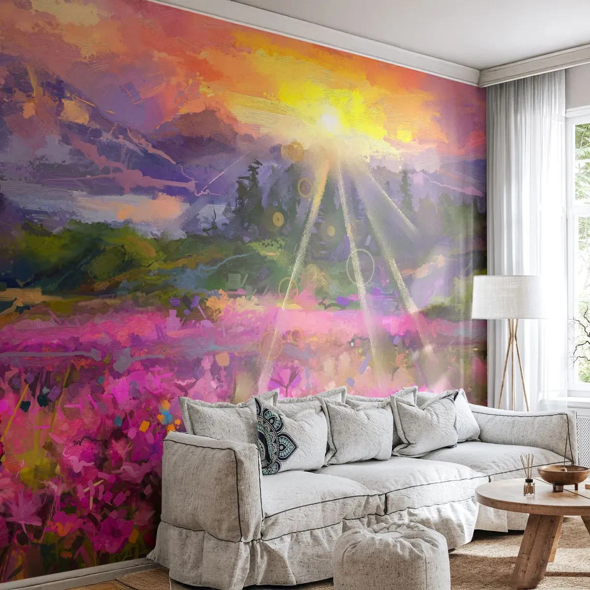 Fotomurali Premium Sand - Un pittoresco prato al tramonto - 100x70cm - Nella valle sotto la cura del sole - Decorazione murale moderna per soggiorno e camera da letto ARTTOR