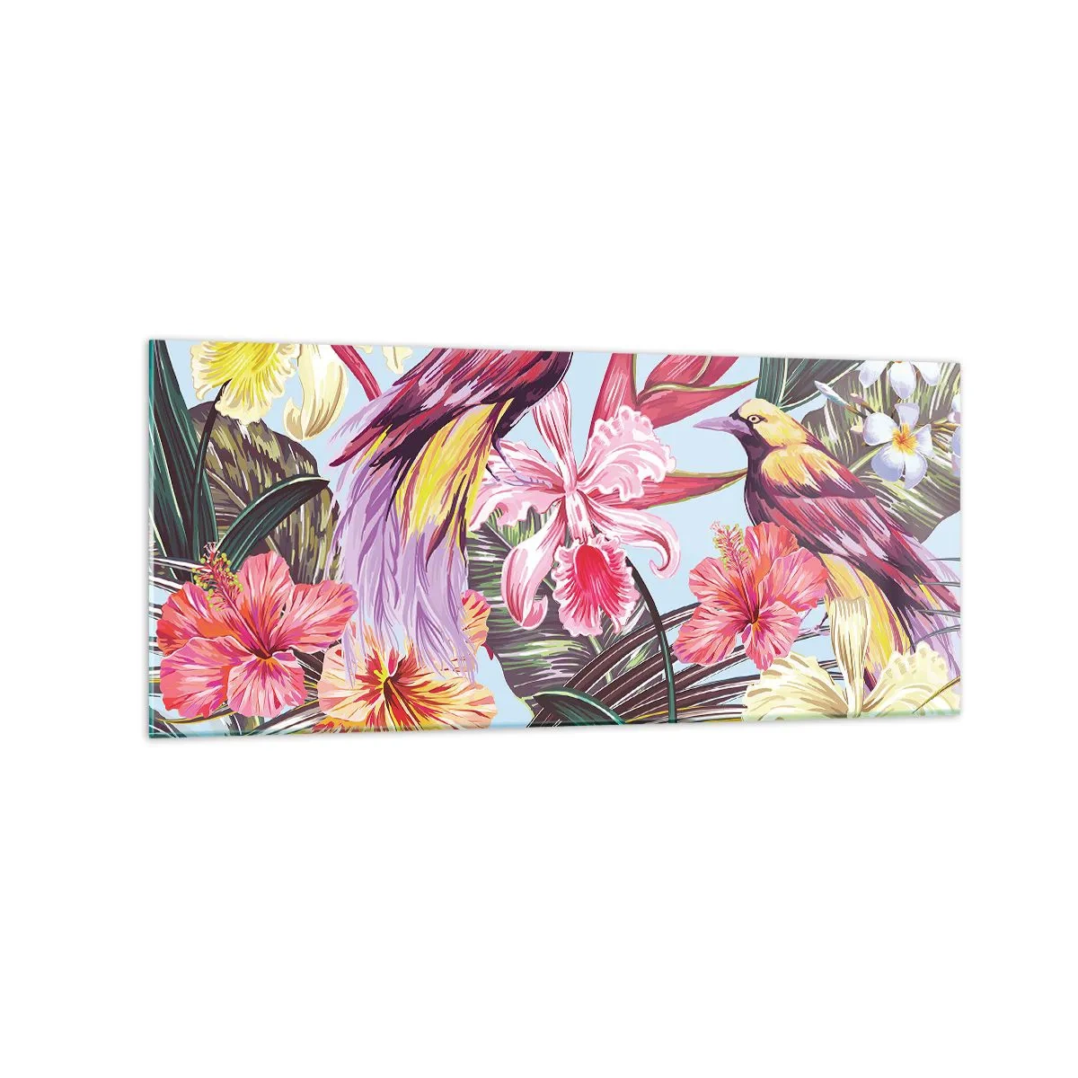 Quadro su vetro - Uccelli esotici tra i fiori tropicali - 120x50cm - Petali e piume - Decorazione murale moderna per soggiorno e camera da letto ARTTOR