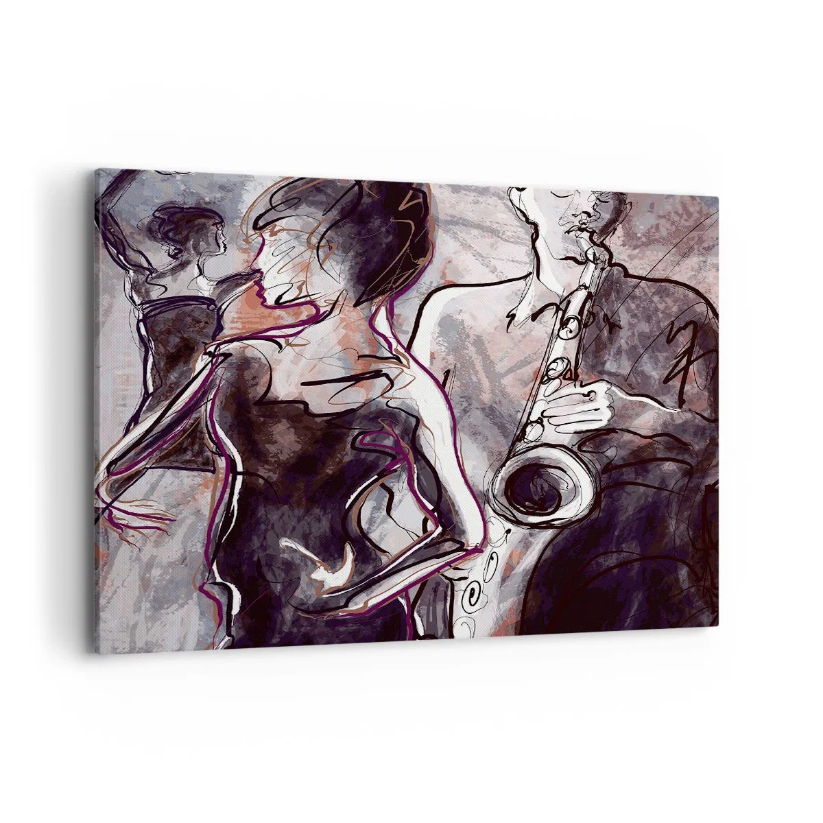 Quadro su tela - Stampe su Tela - Scena jazz astratta con un sassofonista e una donna che balla. - 120x80cm - Sciogliersi nella musica - Decorazione murale moderna per soggiorno e camera da letto ARTTOR
