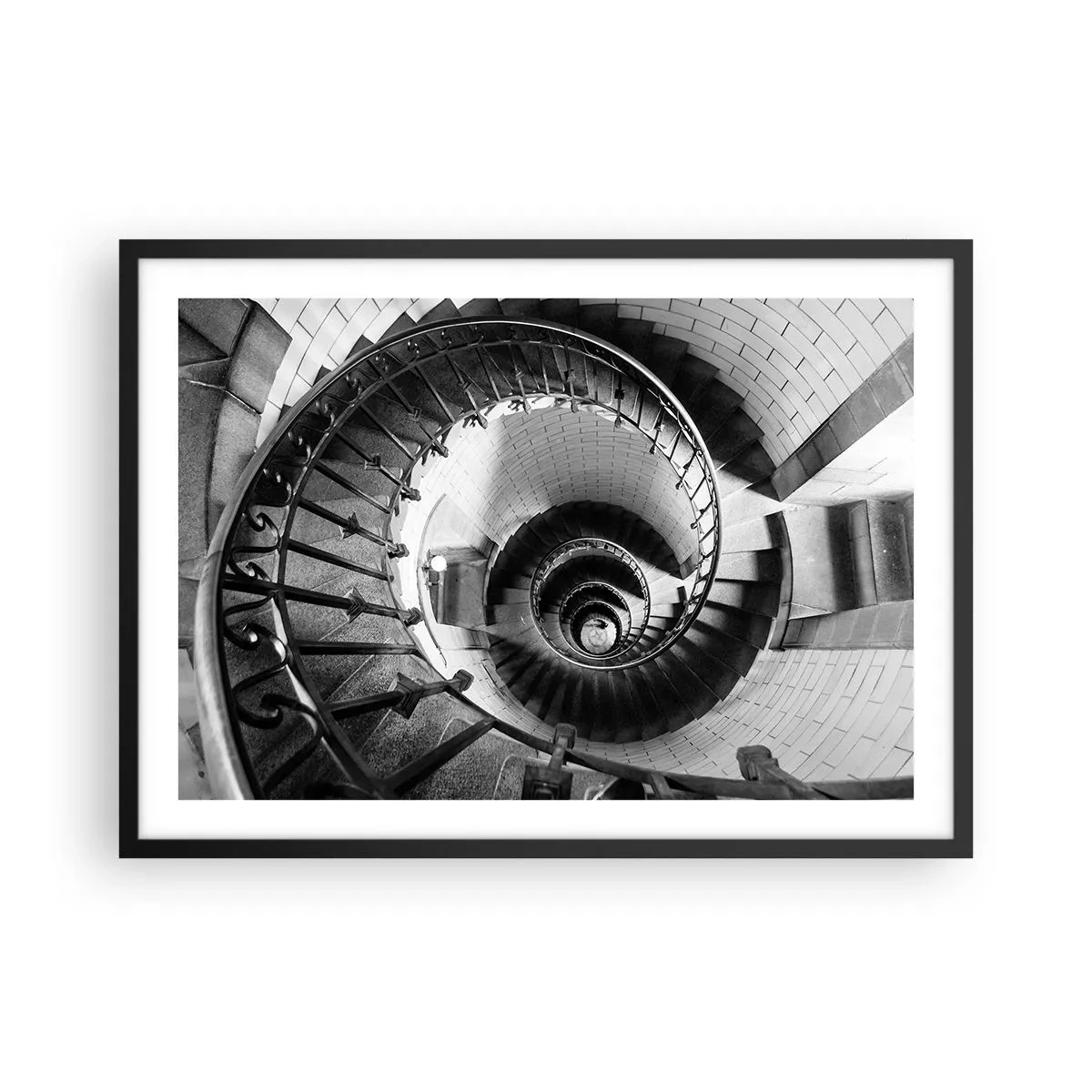 Poster in cornice nera - Fotografia in bianco e nero di una scala a chiocciola con prospettiva dall'alto verso il basso - 70x50cm - Ancora più in alto - Decorazione murale moderna per soggiorno e camera da letto ARTTOR