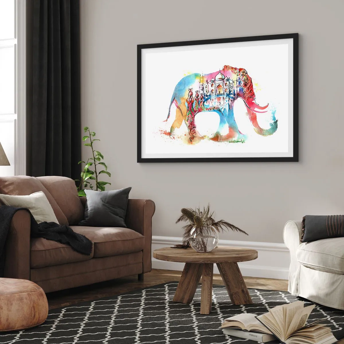 Poster in cornice nera - Dipinto ad acquerello colorato di un elefante con un motivo del Taj Mahal - 100x70cm - India: aura d'amore - Decorazione murale moderna per soggiorno e camera da letto ARTTOR
