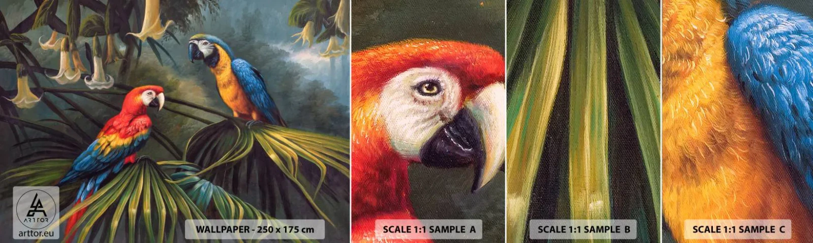 Campione di Fotomurale Adesivo Deluxe Sticker - Romanticità ai tropici - Pappagallo Ara, Animali, Foresta tropicale - 100x30 cm