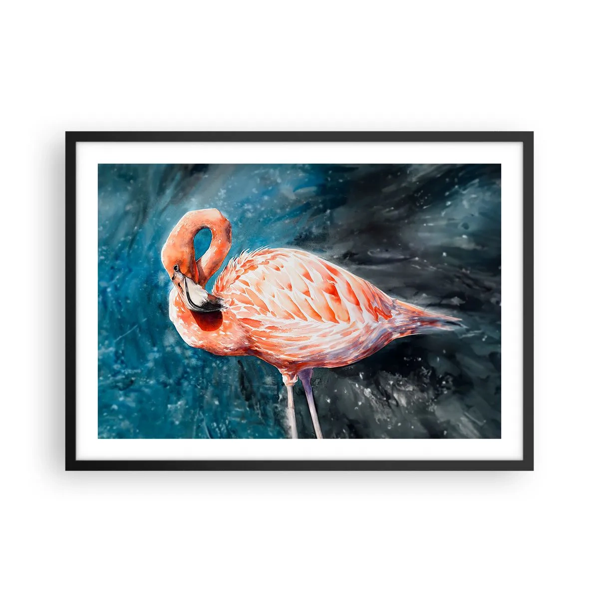 Poster in cornice nera - Un fenicottero rosa su uno sfondo blu acquerello - 70x50cm - Naturalmente decorativo  - Decorazione murale moderna per soggiorno e camera da letto ARTTOR