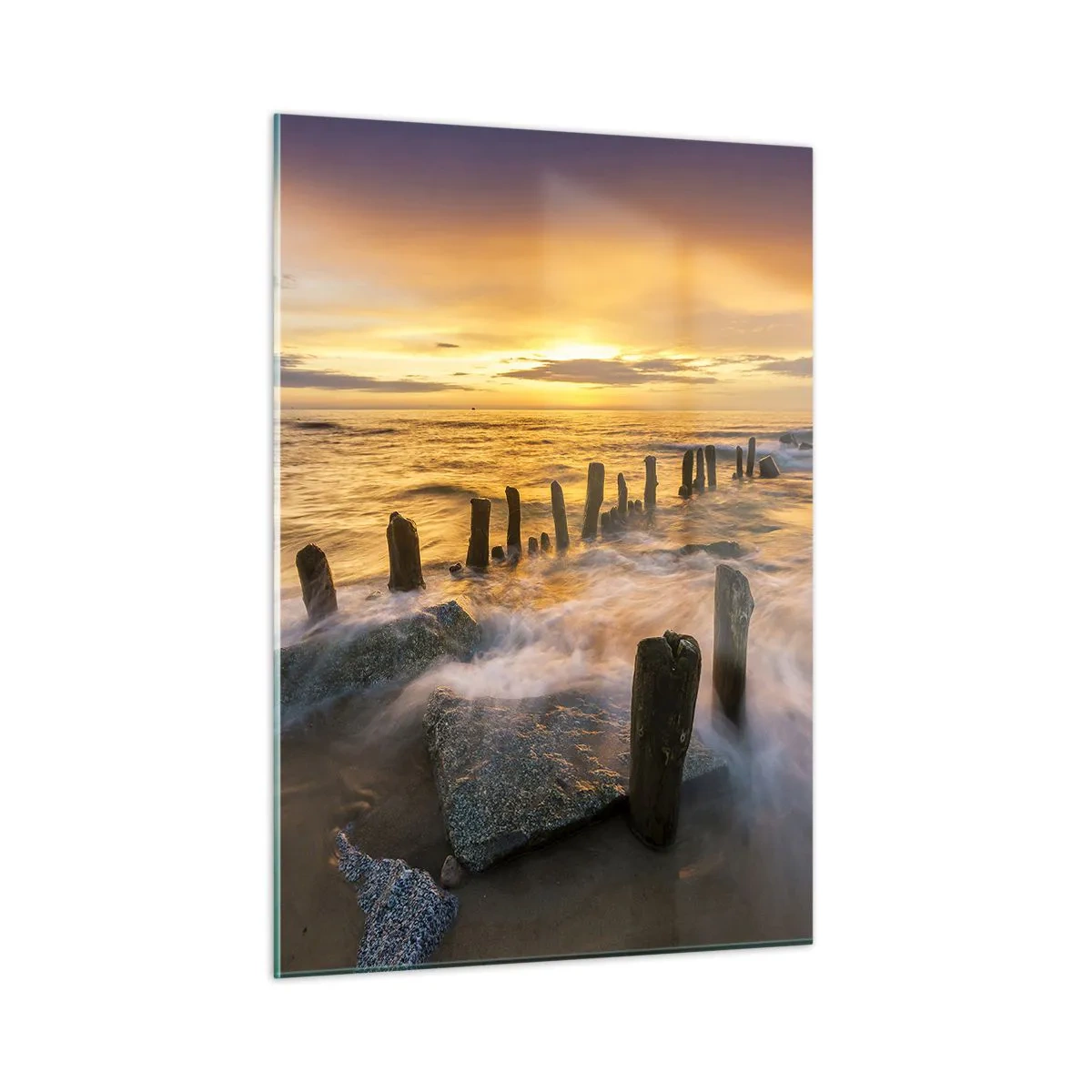 Quadro su vetro - Tramonto sul mare con pali di legno sulla spiaggia - 50x70cm - La bellezza selvatica del Baltico - Decorazione murale moderna per soggiorno e camera da letto ARTTOR