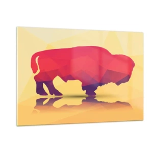 Quadro su vetro - Bisonte geometrico dai colori caldi - 120x80cm - La forza del bisonte amaranto - Decorazione murale moderna per soggiorno e camera da letto ARTTOR