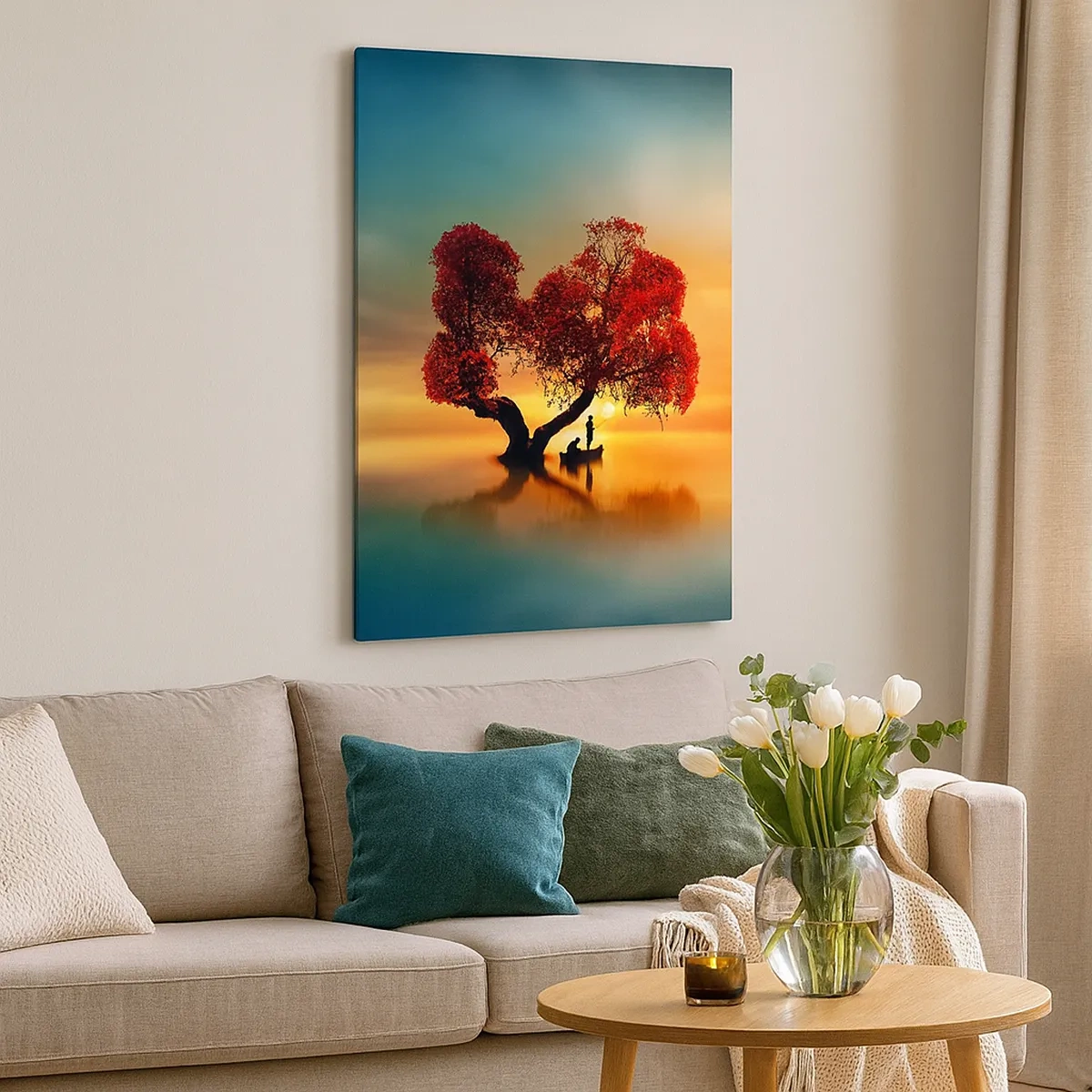 Quadro su tela - Stampe su Tela - Un albero dalle foglie rosse e una barca sull'acqua al tramonto - 50x70cm - Gli esiliati e il silenzio fuori dal mondo - Decorazione murale moderna per soggiorno e camera da letto ARTTOR