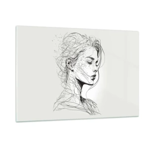 Quadro su vetro - Uno schizzo in bianco e nero di una donna con gli occhi chiusi in una linea delicata. - 120x80cm - Ritratto pensieroso - Decorazione murale moderna per soggiorno e camera da letto ARTTOR