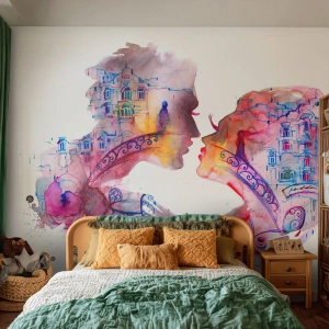 Fotomurali Premium Sand - Ritratto ad acquerello di una coppia innamorata - 100x70cm - Misterioso ponte dei sospiri - Decorazione murale moderna per soggiorno e camera da letto ARTTOR