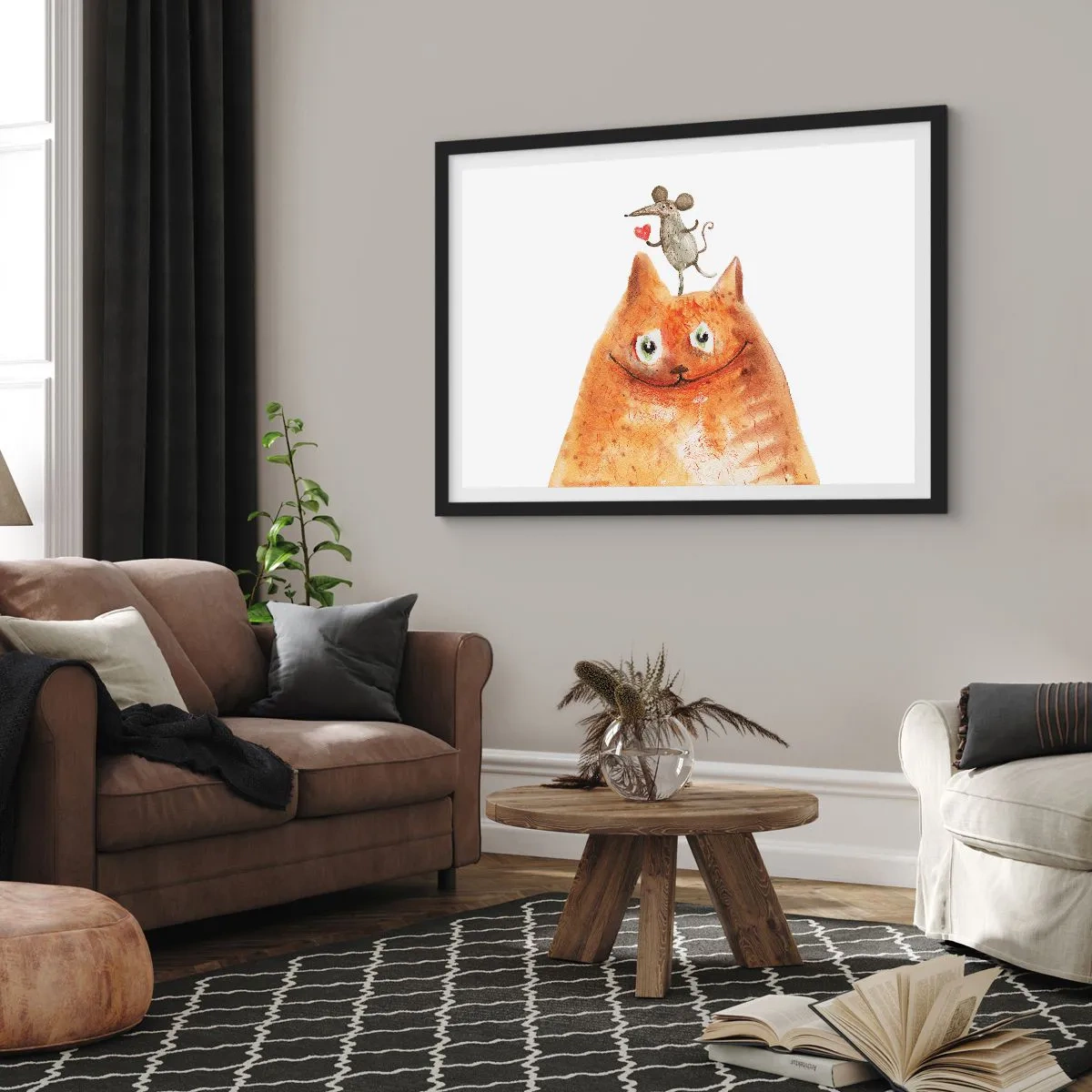 Poster in cornice nera - Un disegno di un gatto con un topo sulla testa che tiene un cuore - 70x50cm - I paradossi dell'amore - Decorazione murale moderna per soggiorno e camera da letto ARTTOR