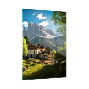 Quadro su vetro - Sviluppo rurale tra il verde ai piedi delle vette alpine - 50x70cm - Idillio alpino - Decorazione murale moderna per soggiorno e camera da letto ARTTOR