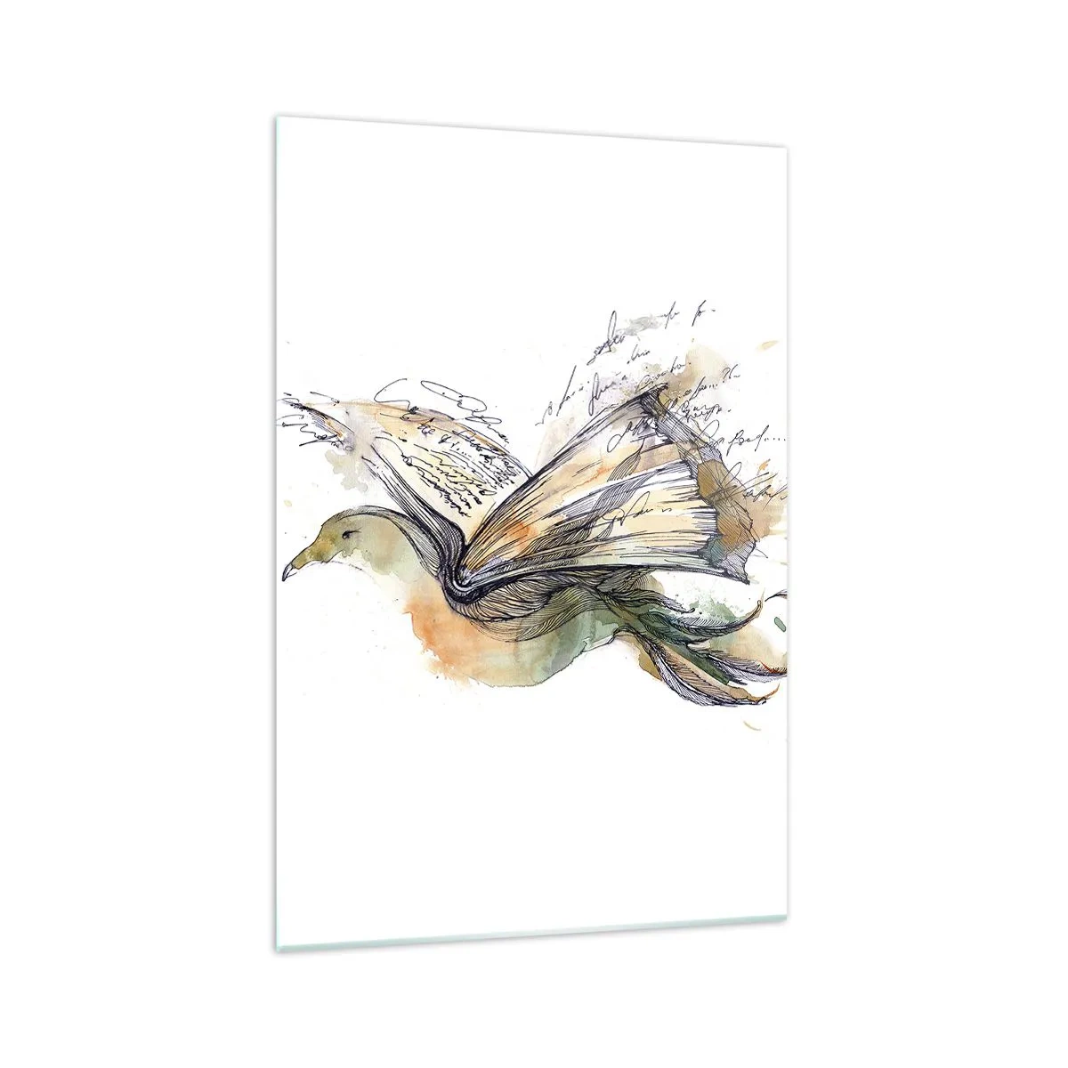 Quadro su vetro - Dipinto artistico ad acquerello di un uccello con un libro come ali - 70x100cm - Sulle ali della poesia - Decorazione murale moderna per soggiorno e camera da letto ARTTOR