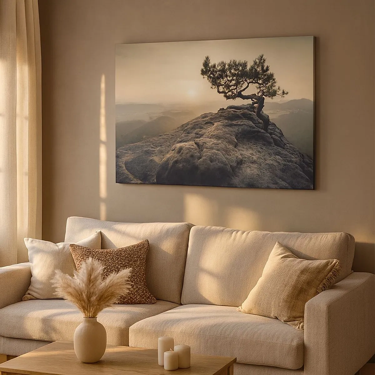 Quadro su tela - Stampe su Tela - Un albero solitario su una cima rocciosa alla luce del sole - 70x50cm - La vita vince sempre - Decorazione murale moderna per soggiorno e camera da letto ARTTOR