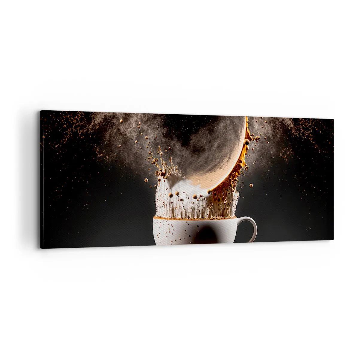 Quadro su tela - Stampe su Tela - Una tazza di caffè con un'esplosione dinamica di liquido su uno sfondo nero. - 120x50cm - Esplosione di sapore - Decorazione murale moderna per soggiorno e camera da letto ARTTOR