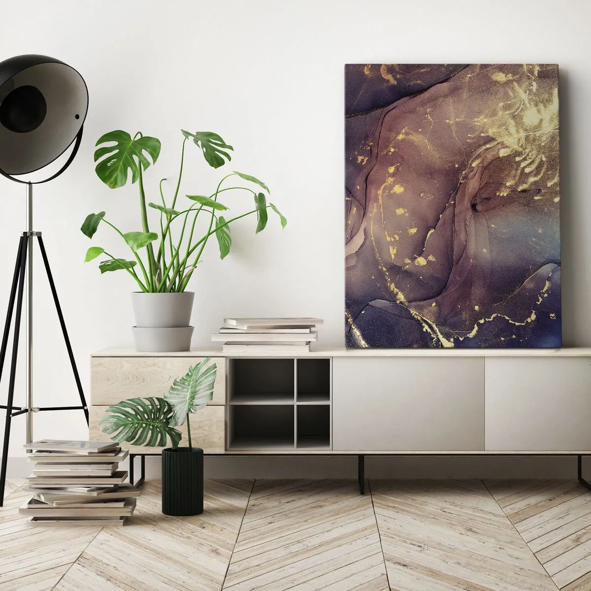 Quadro su tela - Stampe su Tela - Composizione astratta con sfumature di oro e viola - 70x100cm - Materia e spirito - Decorazione murale moderna per soggiorno e camera da letto ARTTOR