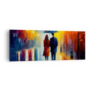 Quadro su tela - Stampe su Tela - Una coppia sotto un ombrello che cammina attraverso una colorata città notturna - 140x50cm - Insieme la notte è colorata - Decorazione murale moderna per soggiorno e camera da letto ARTTOR