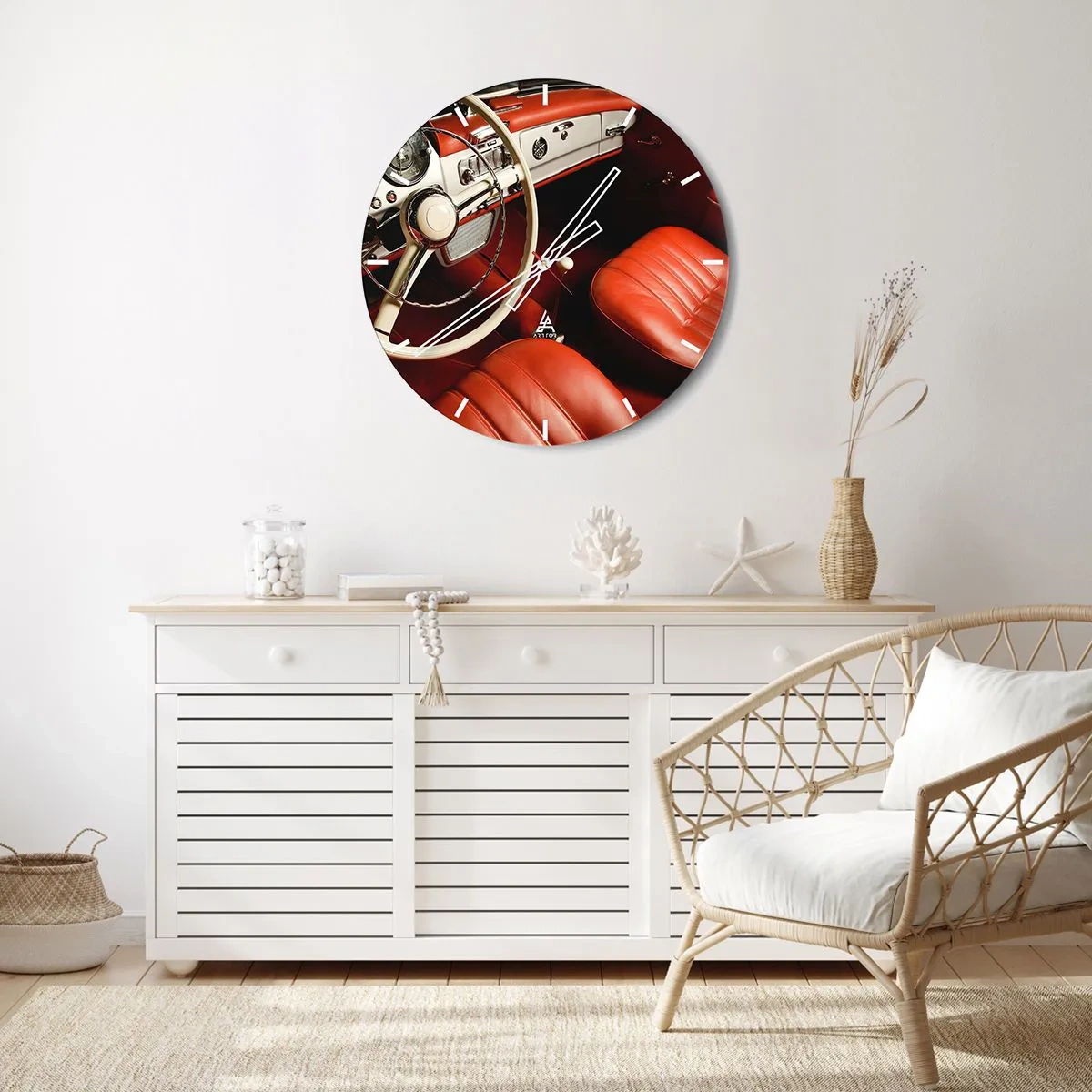 Orologio da parete - Orologio in Vetro - Interni di auto d'epoca con sedili rossi - 30x30cm - Lusso in stile vintage - Decorazione murale moderna per soggiorno, cucina e camera da letto ARTTOR