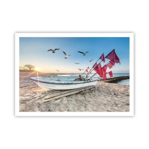 Poster - Una barca sulla spiaggia all'alba con gabbiani e bandiere rosse - 100x70cm - Meritato riposo - Decorazione murale moderna per soggiorno e camera da letto ARTTOR
