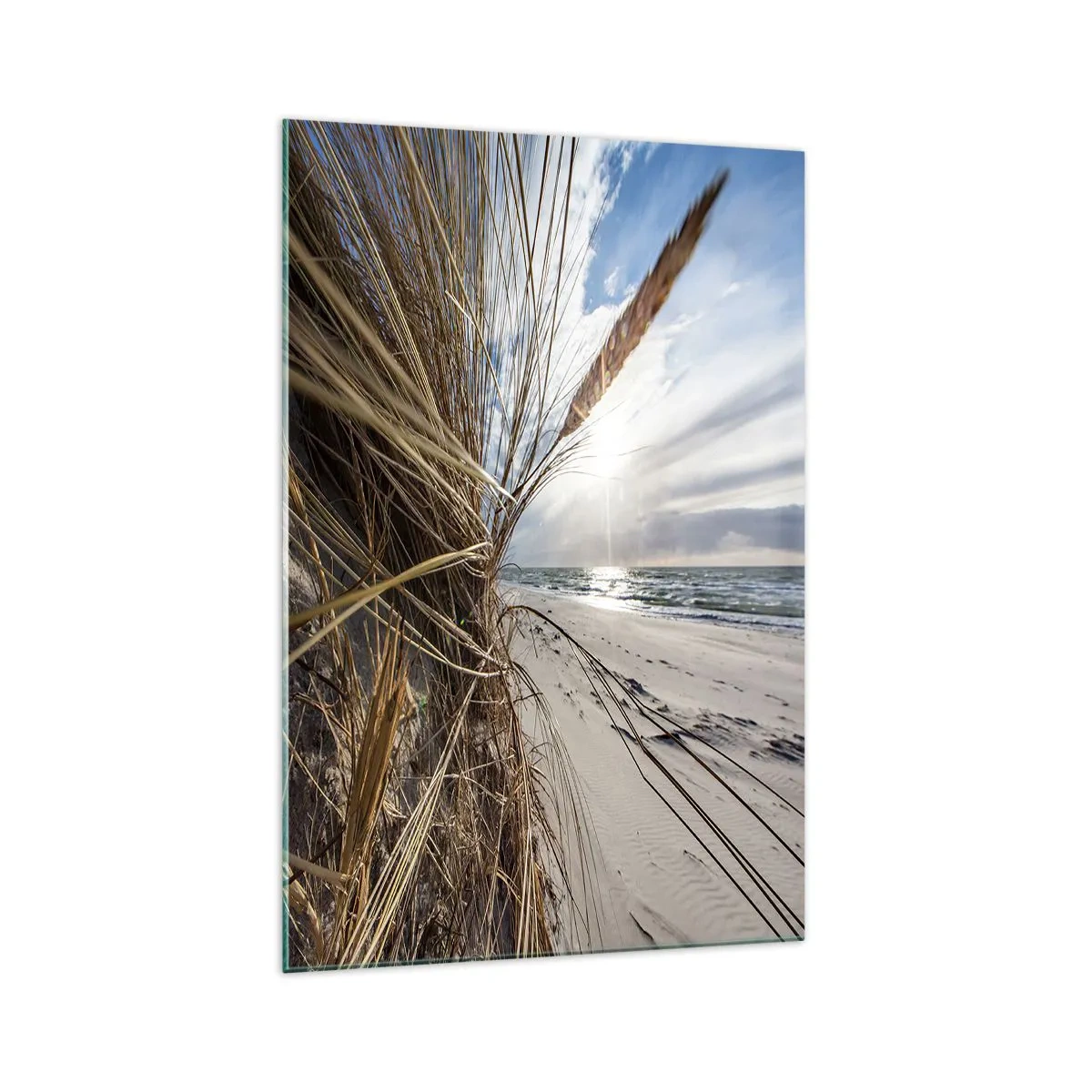 Quadro su vetro - Una spiaggia con erba secca sulle dune e vista sul mare - 70x100cm - L'incontro degli elementi - Decorazione murale moderna per soggiorno e camera da letto ARTTOR