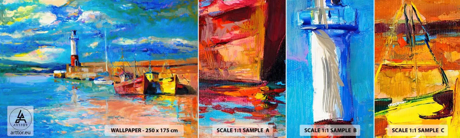 Campione di Fotomurale Adesivo Deluxe Sticker - Pomeriggio nell'insenatura multicolore - Porto dei Pescatori, Peschereccio, Faro - 100x30 cm