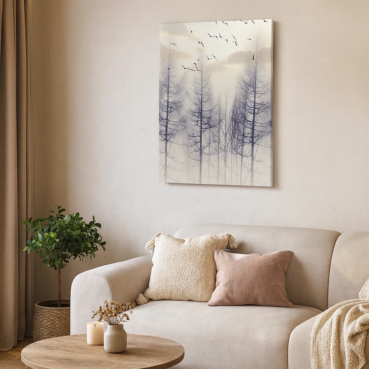 Quadro su tela - Stampe su Tela - Foresta nebbiosa con uccelli contro il cielo al tramonto - 50x70cm - Lo spirito della foresta - Decorazione murale moderna per soggiorno e camera da letto ARTTOR
