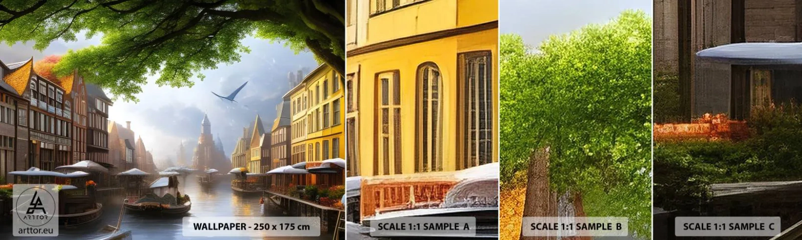 Campione di Fotomurale Adesivo Deluxe Sticker - Paesaggio urbano olandese - Città vecchia, Barche, Canale - 100x30 cm