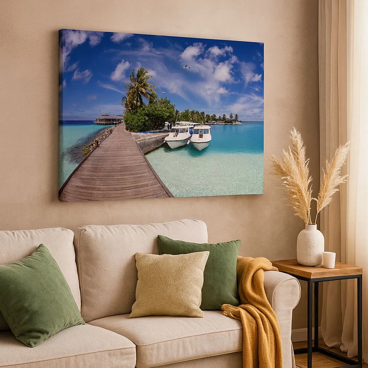 Quadro su tela - Stampe su Tela - Un molo su un mare turchese con barche e palme - 70x50cm - Il paradiso esiste davvero - Decorazione murale moderna per soggiorno e camera da letto ARTTOR