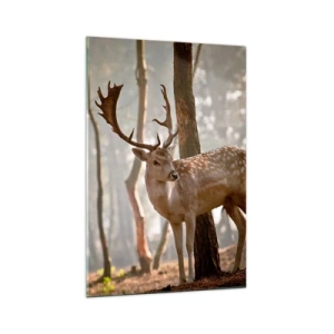 Quadro su vetro - Cervi nella foresta nella nebbia mattutina - 70x100cm - La luce della giovinezza - Decorazione murale moderna per soggiorno e camera da letto ARTTOR