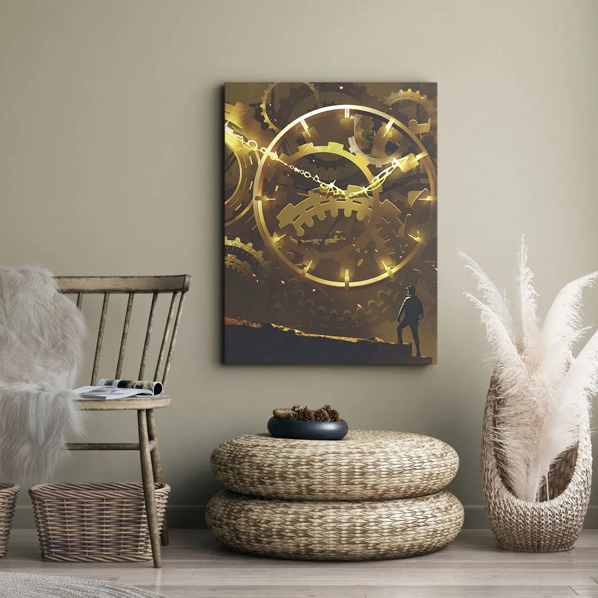 Quadro su tela - Stampe su Tela - Ingranaggi dorati in un ambiente surreale con una figura - 80x120cm - Alla fonte del tempo - Decorazione murale moderna per soggiorno e camera da letto ARTTOR