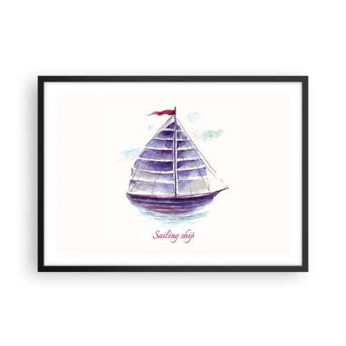 Poster in cornice nera - Un dipinto ad acquerello di una barca a vela sull'acqua con una delicata iscrizione - 70x50cm - Gonfie vele e mare calmo - Decorazione murale moderna per soggiorno e camera da letto ARTTOR
