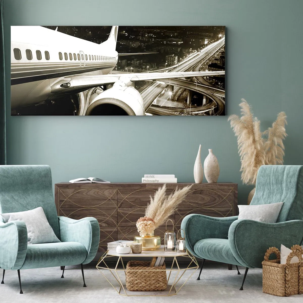 Quadro su tela - Stampe su Tela - Un aereo sopra una città notturna con autostrade illuminate - 160x50cm - Volare di notte - Decorazione murale moderna per soggiorno e camera da letto ARTTOR