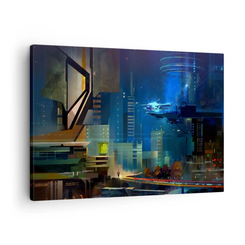Quadro su tela - Stampe su Tela - Città futuristica di notte con luci al neon e un veicolo volante - 70x50cm - In un futuro non lontano - Decorazione murale moderna per soggiorno e camera da letto ARTTOR